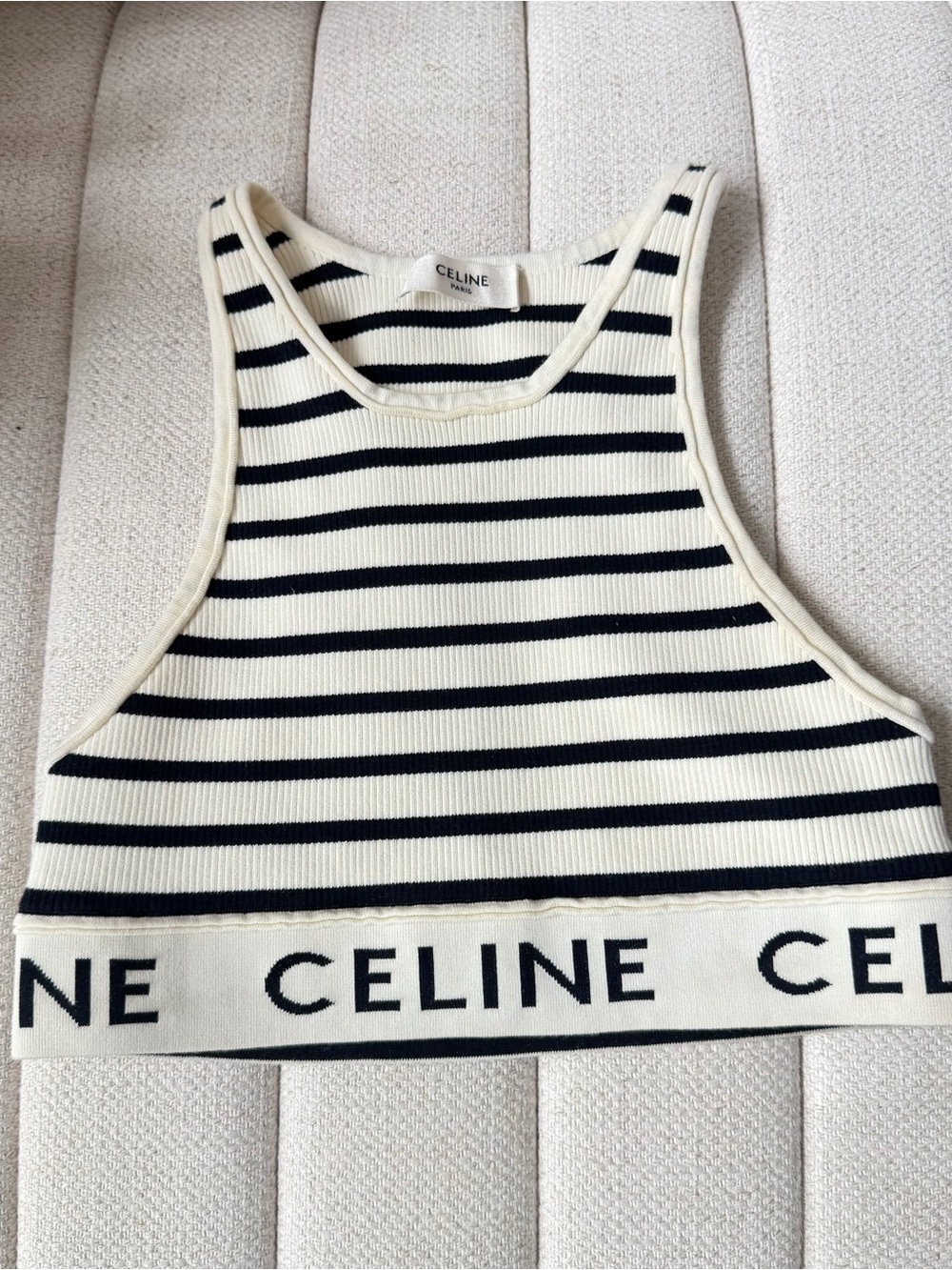 CELINE Black & Cream Striped Knit Crop Tank